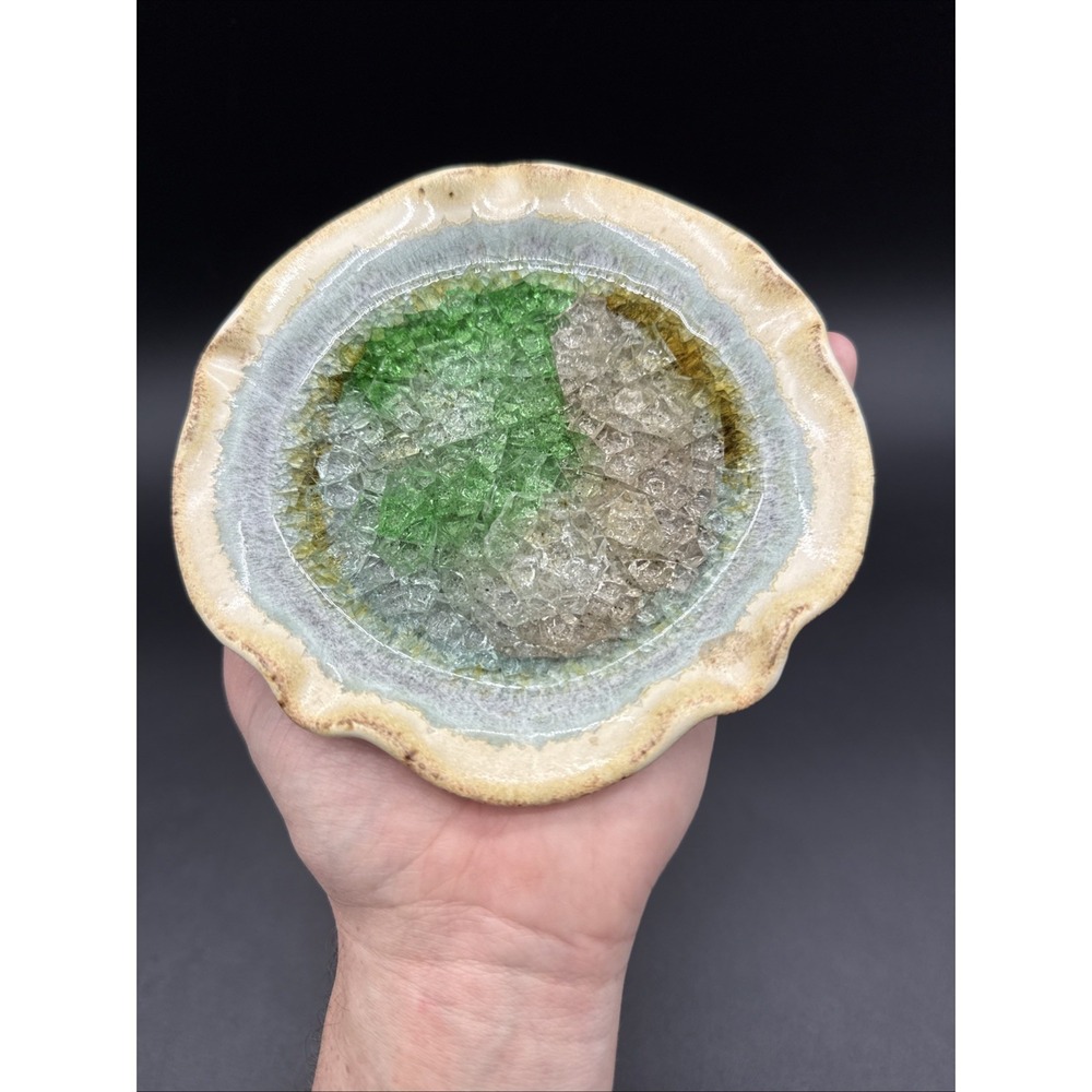 Vintage Stone Pottery Glass Geode Trinket Dish Ashtray Crackle 5.5in Green/Tan